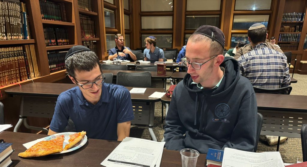 Yachad and JLIC men learning at the Rutgers JLIC Open Beit Midrash